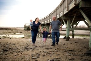 family walks on the beach
