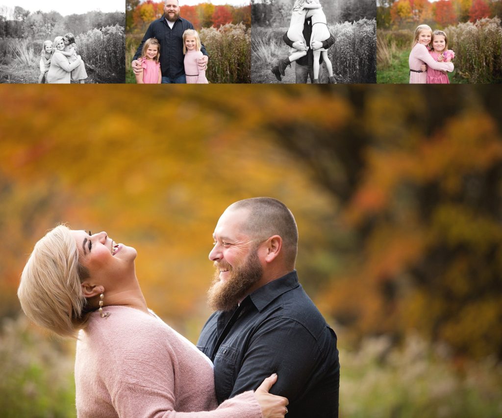 Family laughs in the fall foliage